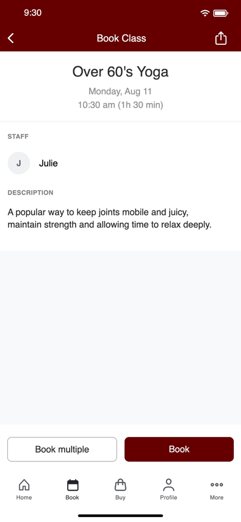 Qi Pilates, Health & Yoga - Booking screen for Over 60s Yoga class in the Qi Pilates app