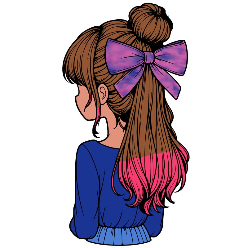 realistic girl  with hip length hair a bun and a big bow on the back of head