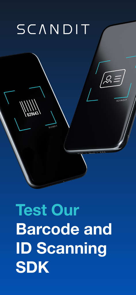 Scandit SDK Showcase app home screen featuring mobile barcode and ID scanning capabilities