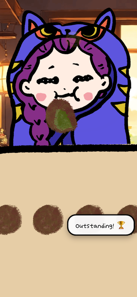 Un personaje de dibujos animados con una sudadera con capucha de gato comiendo un alimento redondo con un mensaje sobresaliente