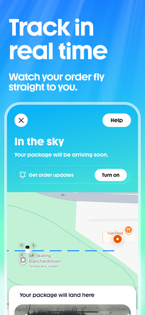 Real-time map in the Manna Air Delivery app showing a drone carrying a package to its destination.