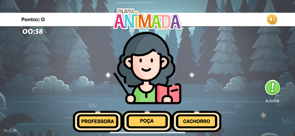 Educational screen from the Palavra Animada app showing a teacher character and three word choice buttons in Portuguese.