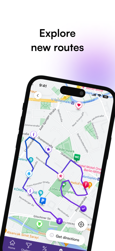 #walk15 – Useful Steps App - A smartphone screen displaying the Walk15 app map interface with a purple walking trail and the text Explore new routes.