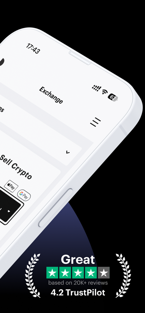 Crypto Wallet, Bitcoin: Paybis - Paybis mobile app interface showing crypto exchange features and a 4.2 Trustpilot rating based on over 20000 reviews.