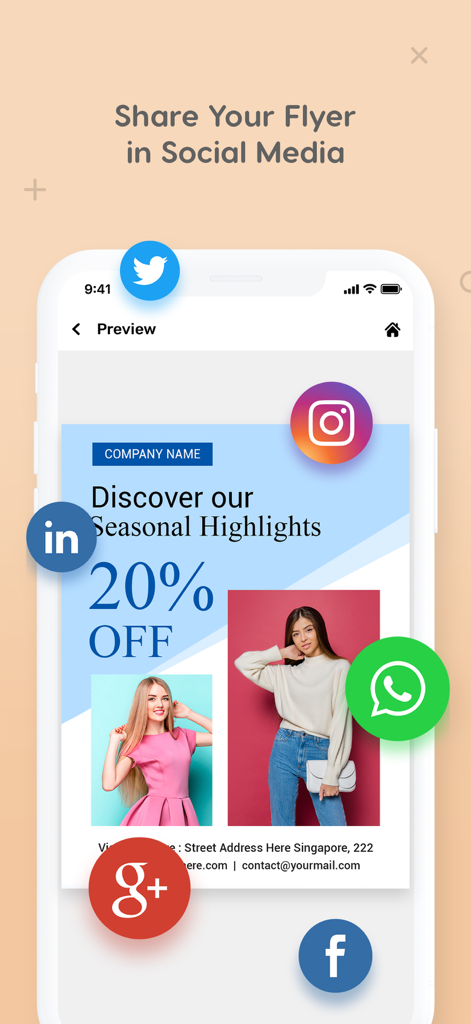 Flyer Maker Poster Design - Aperçu d'un flyer professionnel dans l'application Flyer Maker avec des icônes pour le partage sur les plateformes de réseaux sociaux