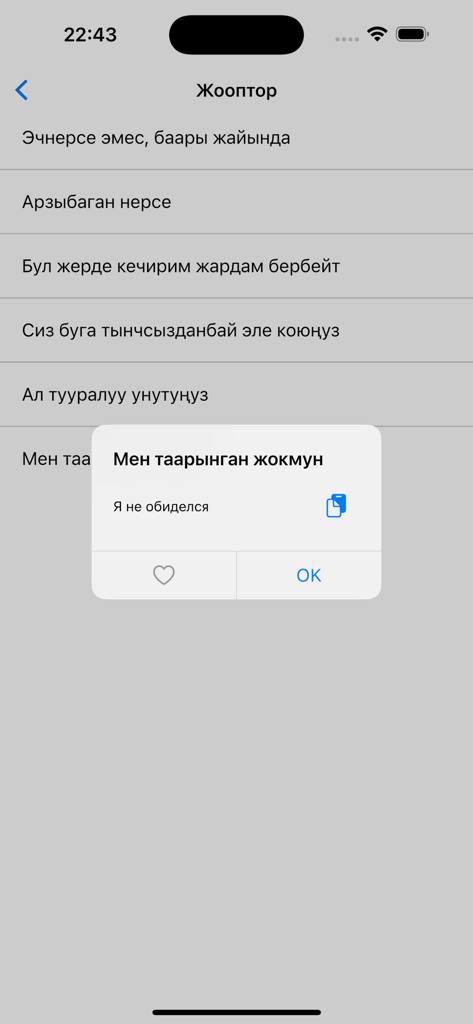 Russian-Kyrgyz phrasebook app interface showing phrase list and translation modal