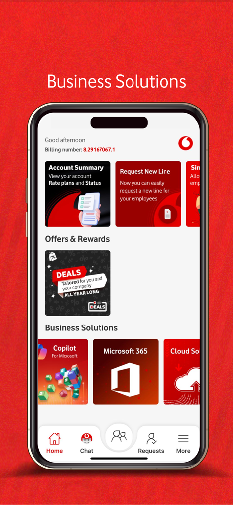 Vodafone Business app home screen showing account management tiles and business solutions