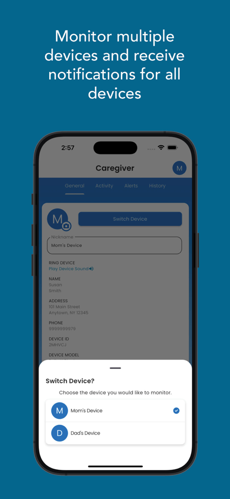 Caregiver Mobile - Caregiver Mobile app screen showing a menu to switch between multiple monitored devices