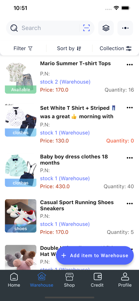 Yene Stock - Manage Inventory - Mobile dashboard of Yene Stock app showing a warehouse inventory list with product images, prices, and stock quantities.