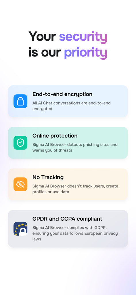Sigma AI Browser - Overview of Sigma AI Browser security features including end-to-end encryption online protection and data privacy compliance and no tracking