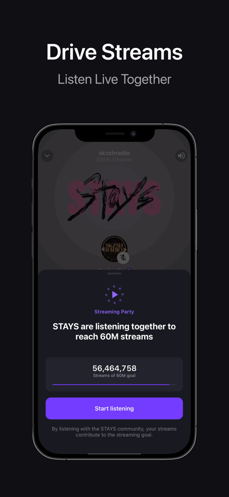Stationhead mobile app screen showing a streaming party where fans listen together to reach a collective stream goal.