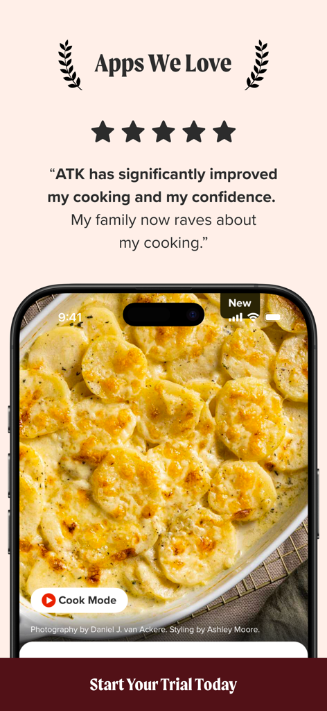 America's Test Kitchen - Americas Test Kitchen app screen showing a five star user review and a featured recipe for scalloped potatoes