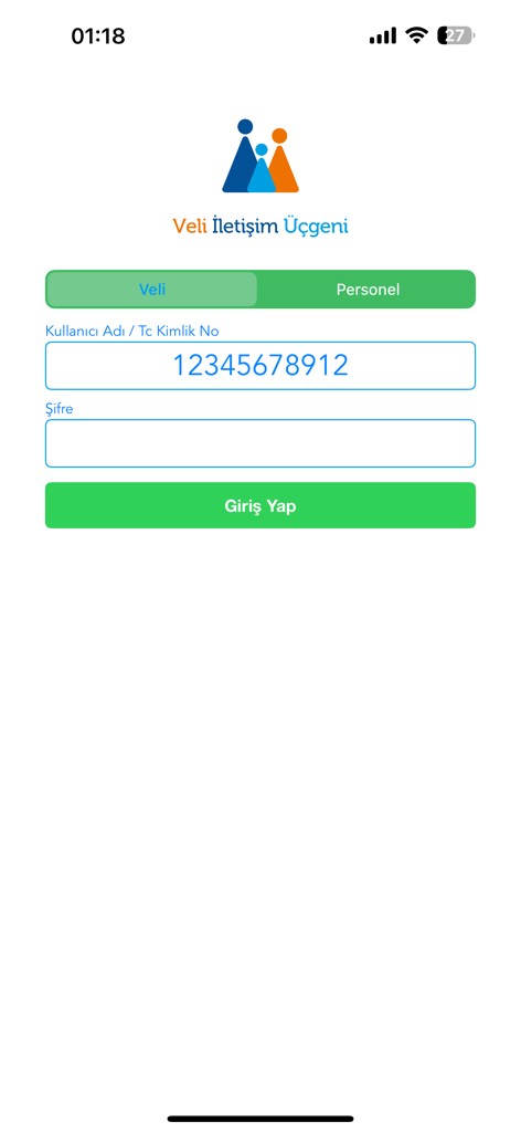 Veli İletişim Üçgeni - Login page of the Veli Iletisim Ucgeni app showing parent and staff login options