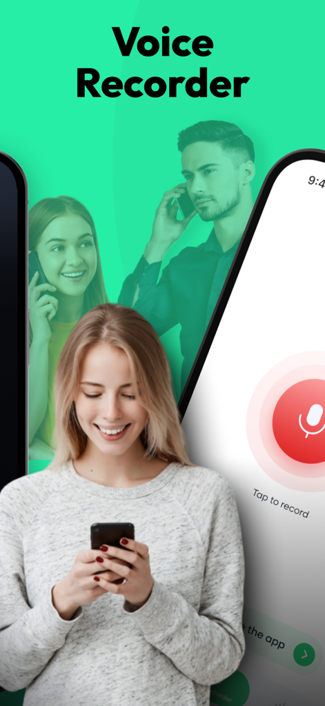 A woman using the Voice Recorder app with professionals on phone calls in the background