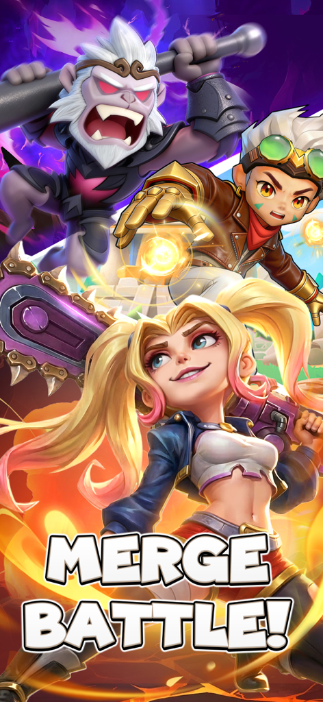 Merge Battle: PvP Arena - Three stylized battle characters from Merge Battle PvP Arena mobile game