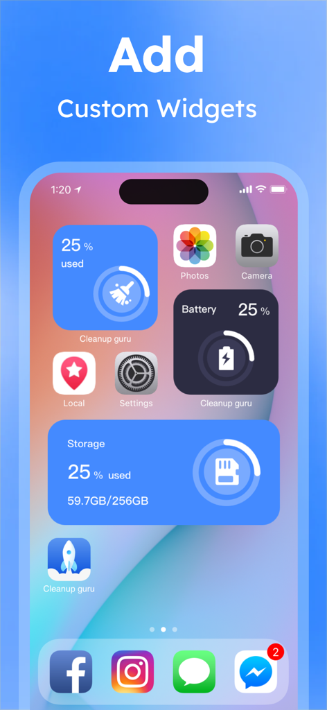 Cleanup guru - Speed Booster - Pantalla de inicio del iPhone mostrando widgets personalizados de Cleanup guru para monitoreo de almacenamiento y batería