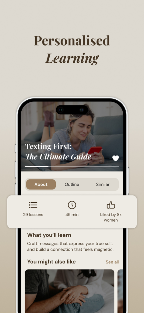 Affemity: Relationship Coach - Screenshot dell'app Affemity che mostra un corso intitolato Texting First The Ultimate Guide con dettagli che indicano 29 lezioni e 45 minuti di contenuti