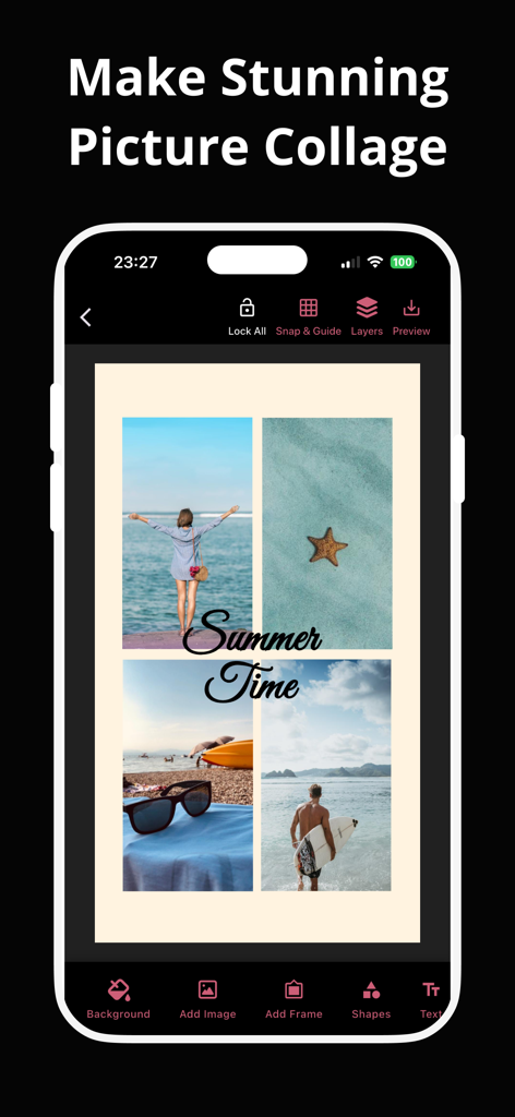 Collage Maker CollagePhotoApp - Interfaz de la aplicación Collage Maker que muestra un diseño de collage de cuatro fotos con temática de verano y herramientas de edición
