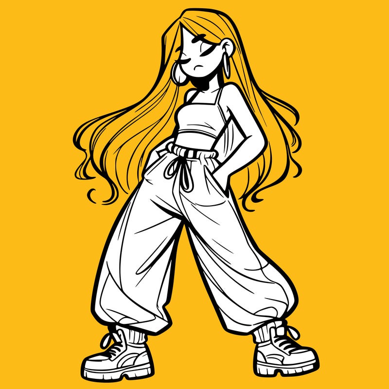 girl in baggy pants crop top and long hair