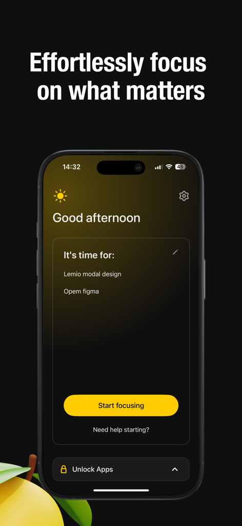 Lemio: Lock In Screen Time - Lemio app interface showing a focus dashboard with a list of tasks and a yellow start focusing button.