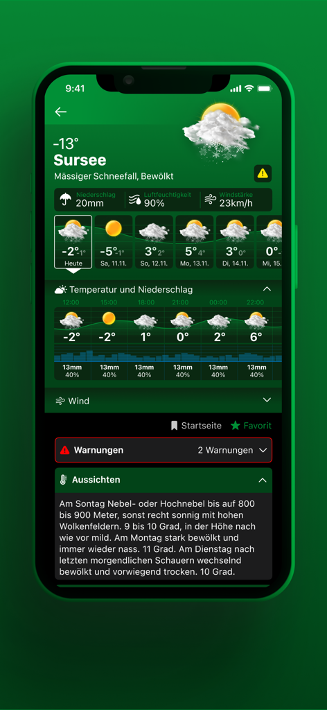 LANDI Wetter - LANDI Wetterアプリ。スールゼの天気予報、気温と風の詳細が表示されています。