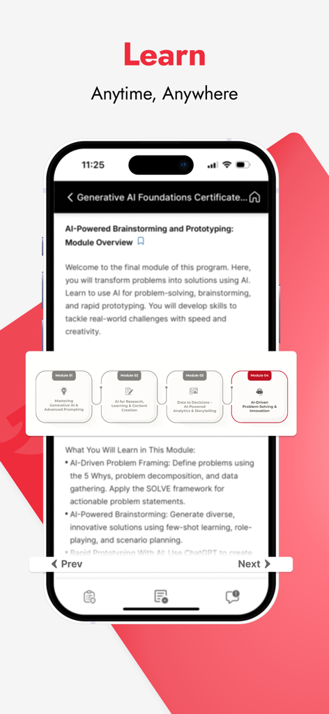 Un écran mobile de l'application upGrad montrant un aperçu du module Certificat de Fondamentaux de l'IA Générative avec les objectifs d'apprentissage et la progression du cours.