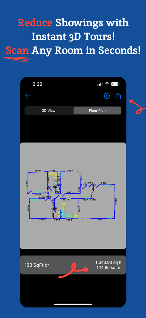 Area Calculator Floor Planner - Um layout de planta baixa 2D com medições de sala e área total em metros quadrados exibidas na tela de um smartphone.