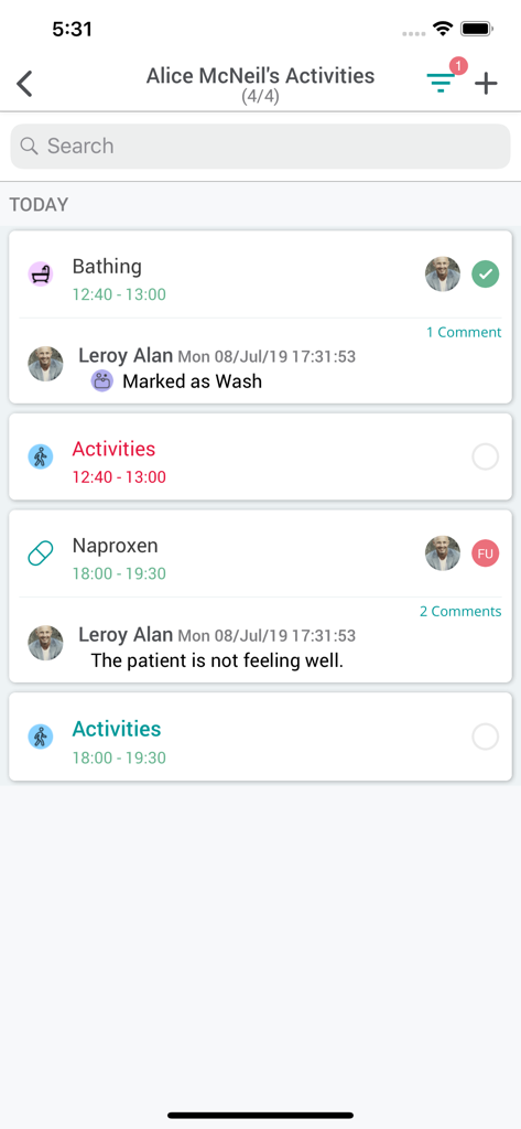 Access Care Planning - Mobile view of a patient care activity log showing daily tasks like bathing and medication with caregiver notes
