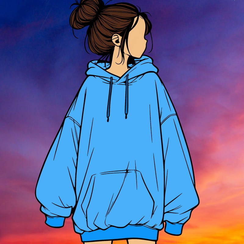 realistic girl with a oversized sweatshirt on and a bun