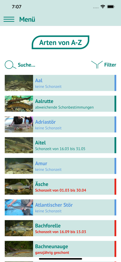 Fische OÖ - Schonbestimmungen - A list of various fish species in the Fische OÖ app showing their names, images, and specific closed season dates for fishing in Upper Austria.