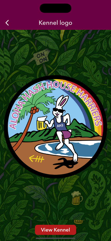 Harrier Central - Logotipo do canil Aloha Hash House Harriers apresentando um coelho correndo com uma caneca de cerveja em uma praia tropical