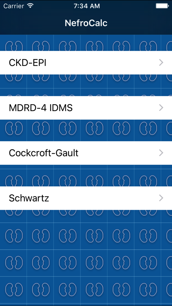 Menu principal do aplicativo NefroCalc listando fórmulas de cálculo de TFG incluindo CKD-EPI e MDRD