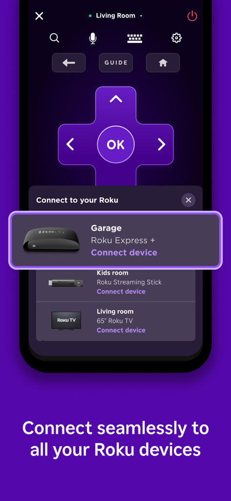 A smartphone screen displaying the Roku app device selection menu for multi-room control.