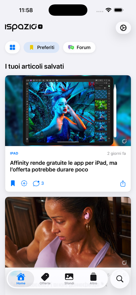 iSpazio - iSpazio app home screen displaying saved articles about Apple technology and news