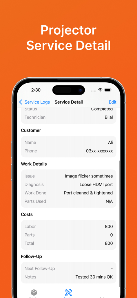 Mobile Projector Media - A mobile app screen displaying a projector service detail report including customer information work diagnosis and repair costs