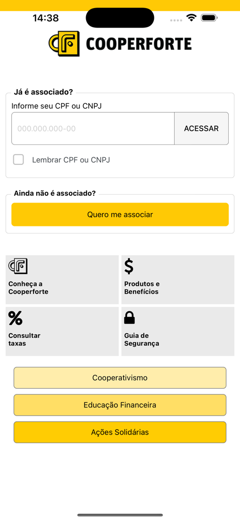 Cooperforte - Anmeldeseite der Cooperforte Mobile App für Mitglieder der brasilianischen Finanzgenossenschaft