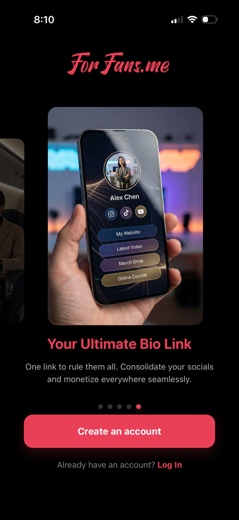 ForFans.me - ForFans app screenshot showcasing a creator bio link with social media icons and shop buttons