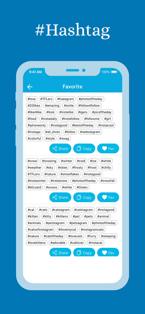 HashTag : #Tag For Caption - Interfaz que muestra listas organizadas de hashtags favoritos para categorías como invierno y gatos con botones de copiar y compartir