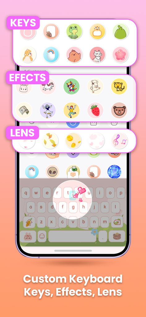 Customization screen showing options for keyboard keys effects and lens with cute themes.