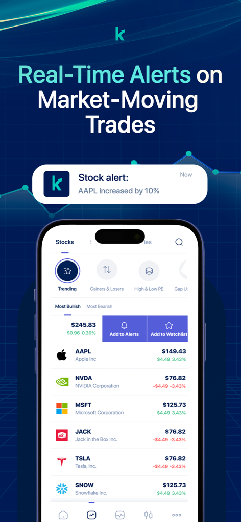 iPhone interface of Stocks News app displaying real-time stock alerts and a trending market watchlist
