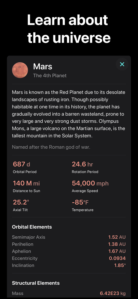 Planetaria: Space Simulator - Schermata educativa che mostra i dati planetari di Marte e gli elementi orbitali in Planetaria Space Simulator