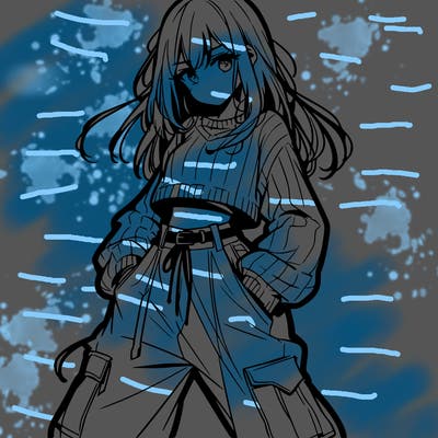 anime teen girl with baggy pants and crop top with sweater