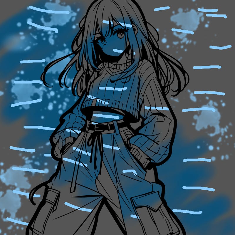 anime teen girl with baggy pants and crop top with sweater