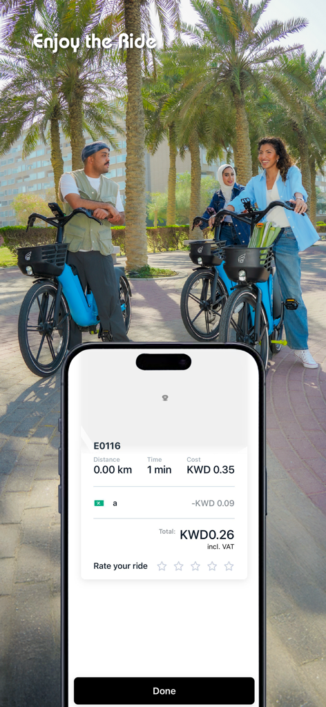 E-FLY app interface showing a ride summary with people on electric bikes in a park