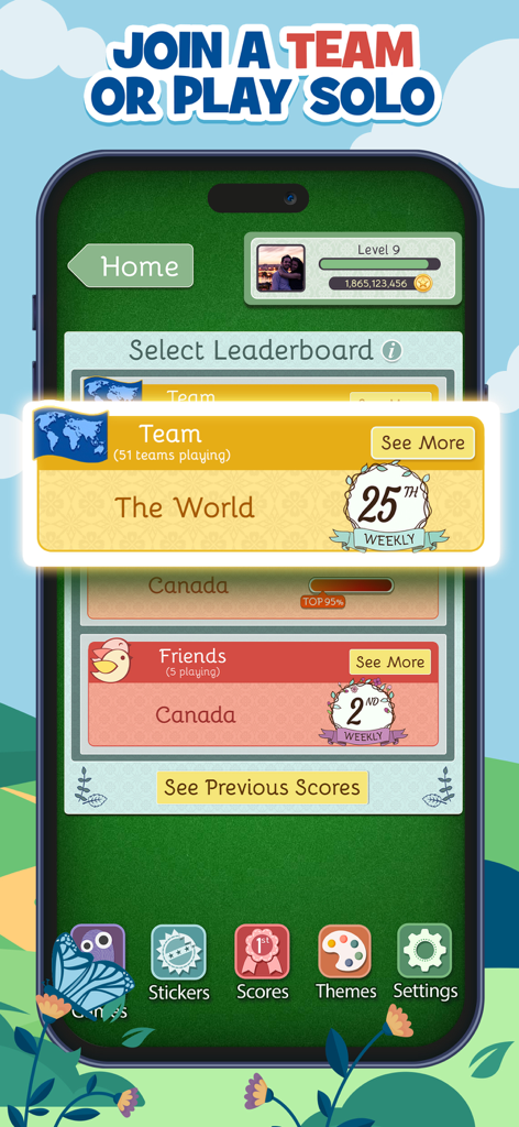 Pantalla de clasificación de FreeCell Deluxe Social mostrando las clasificaciones mundiales y de amigos con clasificaciones de equipos.