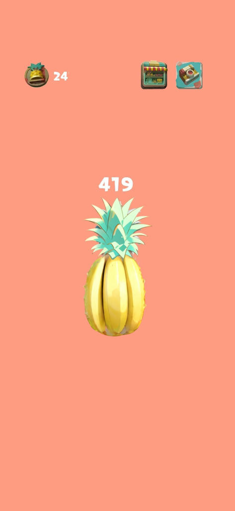 Gameplay screenshot of Crazy Banana GO showing a pineapple themed banana skin with a tap counter