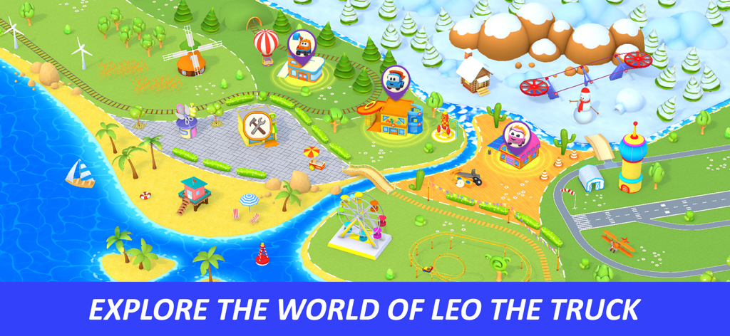 An overhead view of the colorful interactive world map in the Leo the Truck app showing beach, snow, and park environments.