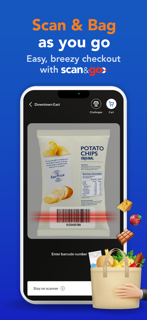 A smartphone showing the FairPrice Group app Scan and Go feature being used to scan a product barcode.