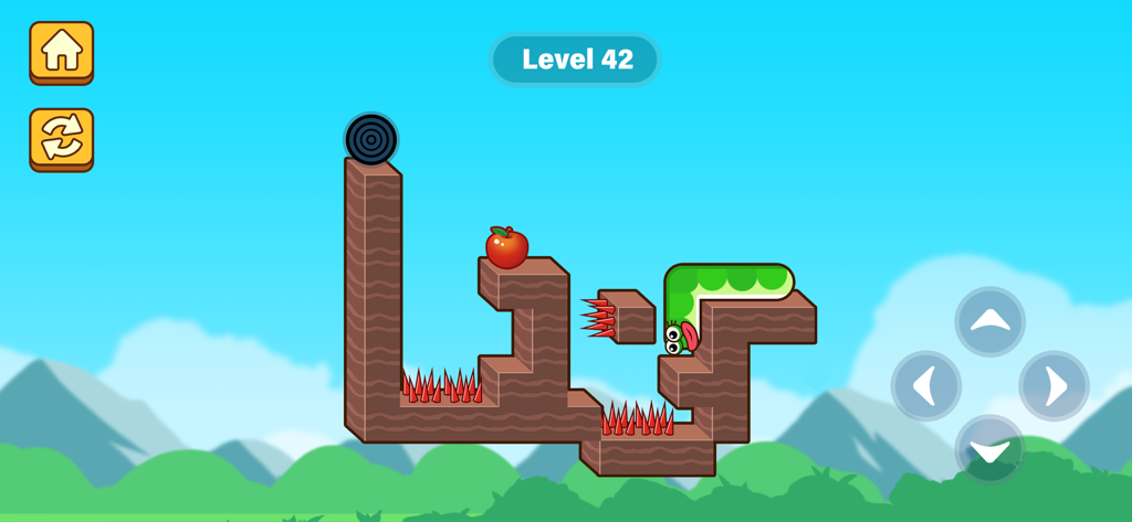 AppleWorm Apple Game - Captura de pantalla del juego AppleWorm que muestra un gusano verde y una manzana en un nivel de puzzle de lógica con obstáculos.