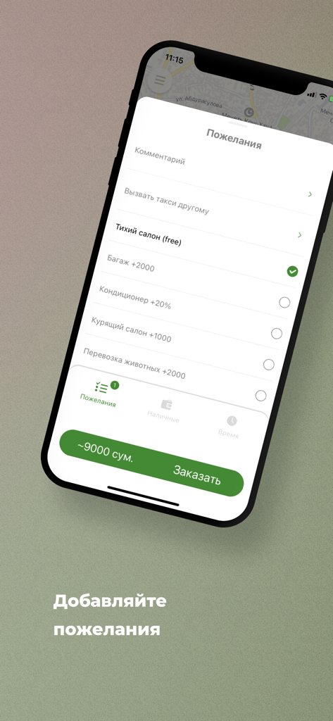Taxi OK - Smartphone screen of the Taxi OK app showing ride customization options like quiet cabin luggage and air conditioning